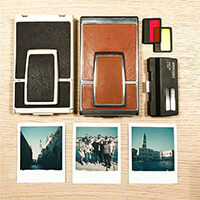 Vintage Polaroid Camera SX-70 Model 1 , Old Polaroid Camera Model 2, the most original Polaroid Flash Bar and the samples